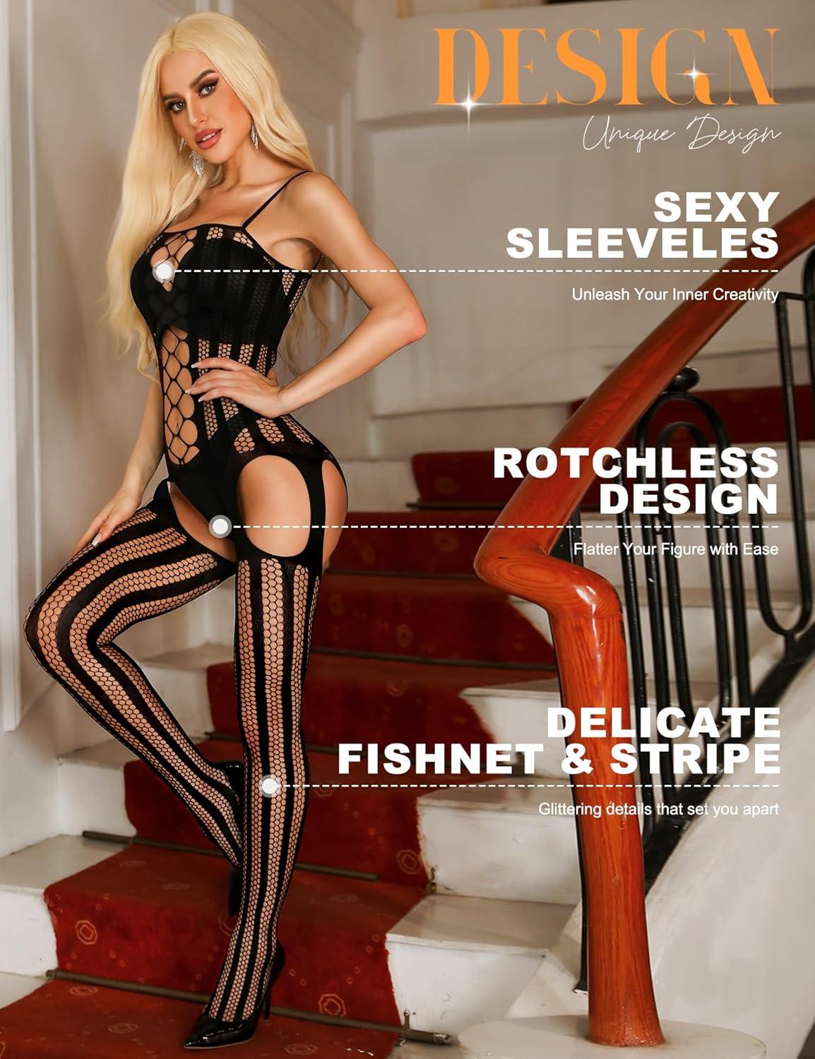 imageRSLOVE Womens Fishnet Bodystocking Sexy Exotic Lingerie Crotchless One Piece Bodysuit Plus Size TightsBlack