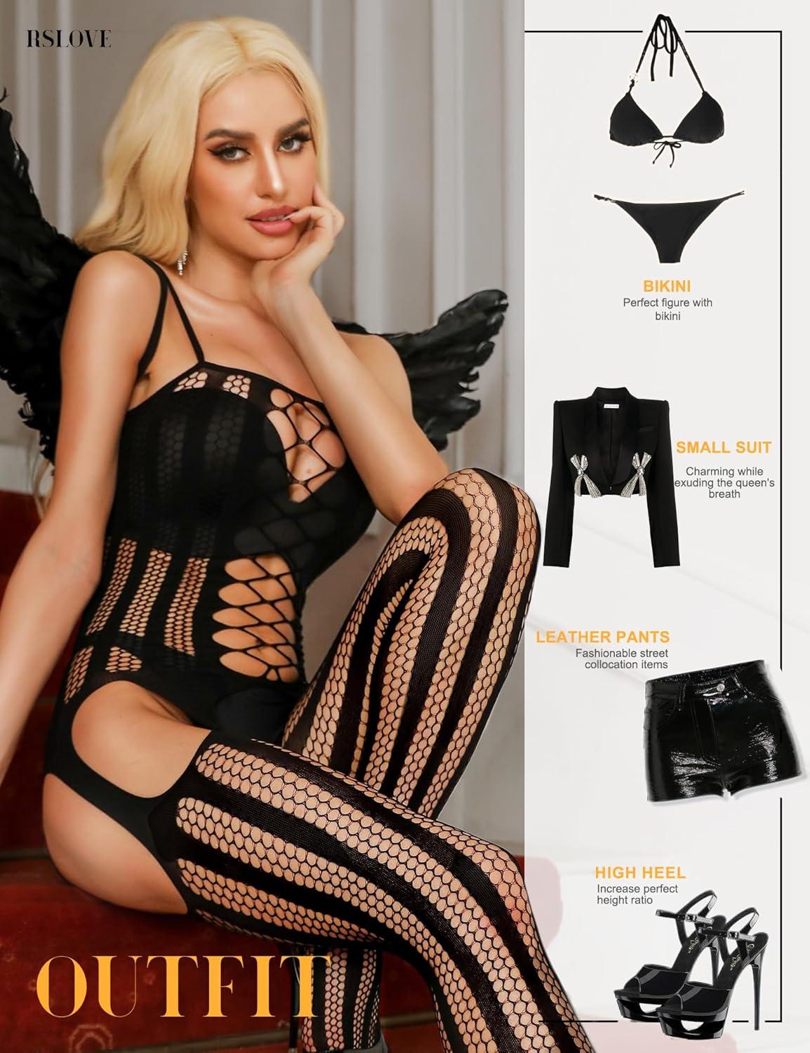 imageRSLOVE Womens Fishnet Bodystocking Sexy Exotic Lingerie Crotchless One Piece Bodysuit Plus Size TightsBlack
