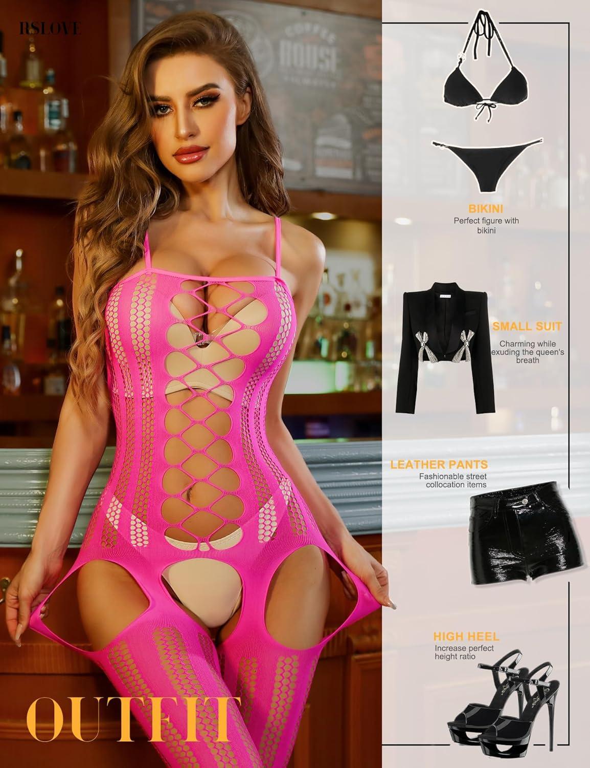 imageRSLOVE Womens Fishnet Bodystocking Sexy Exotic Lingerie Crotchless One Piece Bodysuit Plus Size TightsFluorescent Pink
