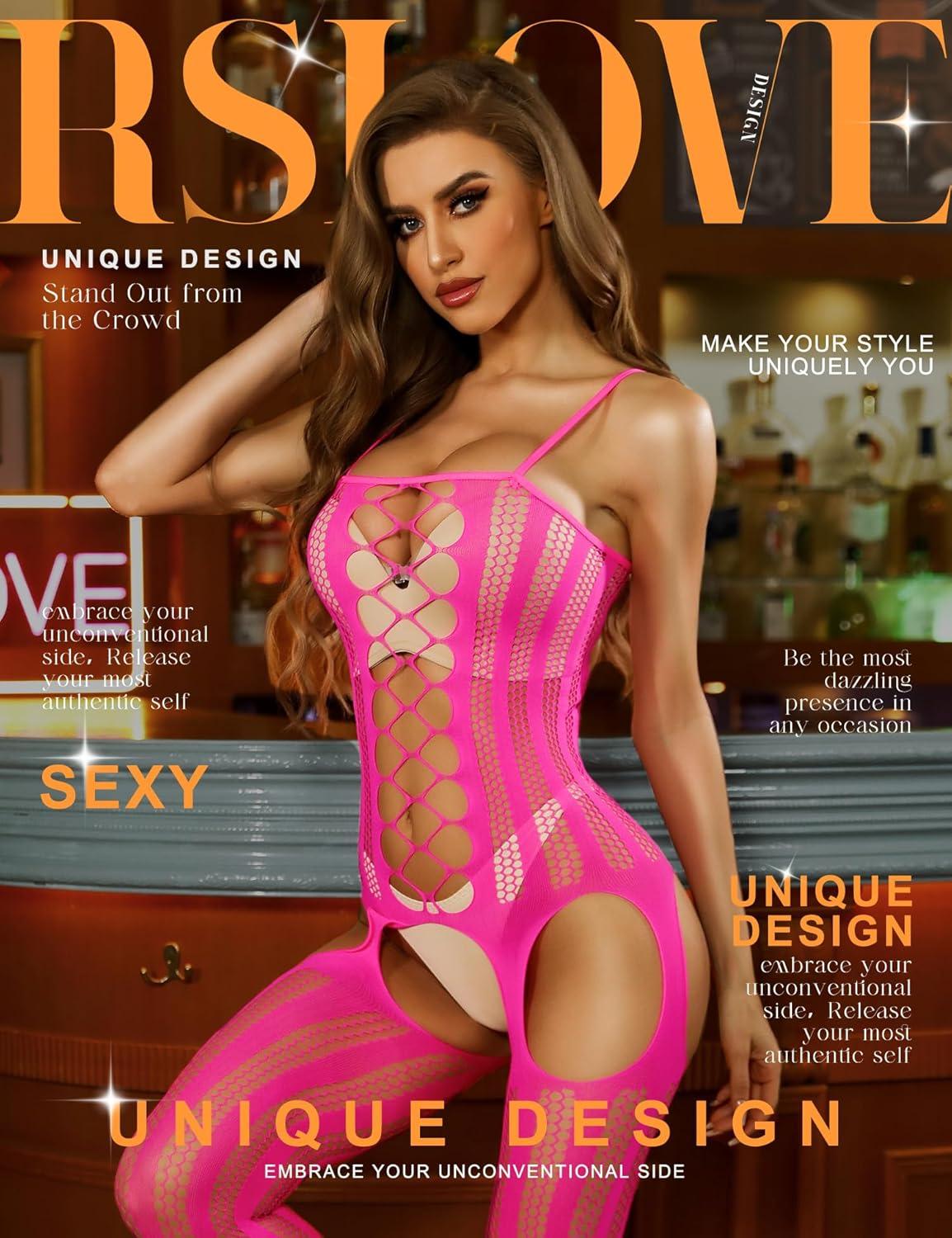 imageRSLOVE Womens Fishnet Bodystocking Sexy Exotic Lingerie Crotchless One Piece Bodysuit Plus Size TightsFluorescent Pink