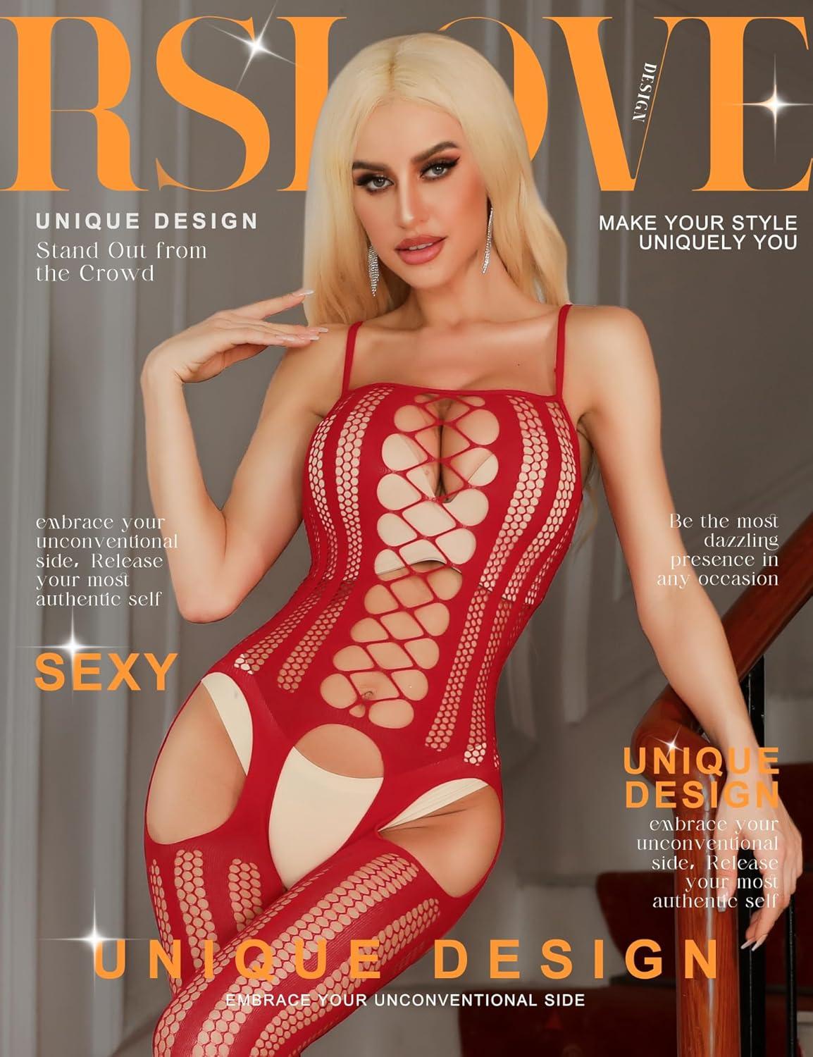 imageRSLOVE Womens Fishnet Bodystocking Sexy Exotic Lingerie Crotchless One Piece Bodysuit Plus Size TightsRed
