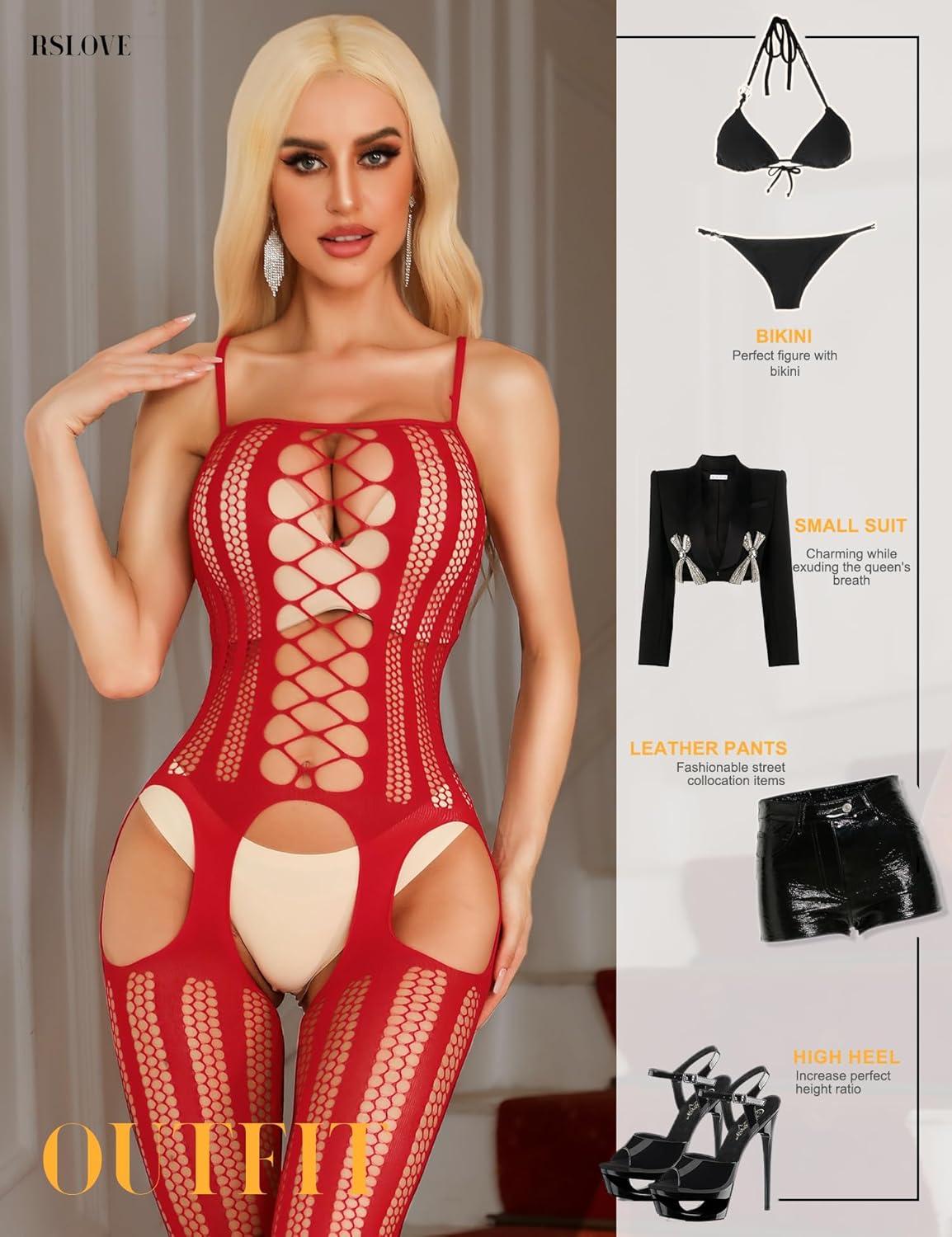 imageRSLOVE Womens Fishnet Bodystocking Sexy Exotic Lingerie Crotchless One Piece Bodysuit Plus Size TightsRed