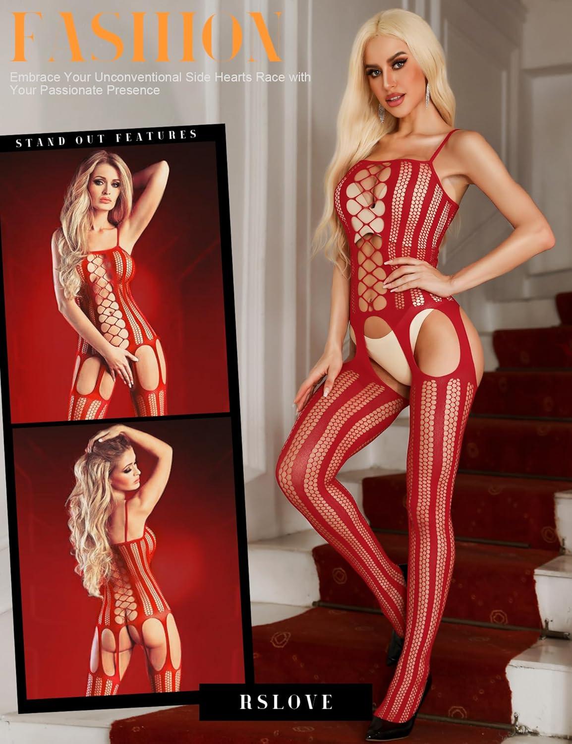 imageRSLOVE Womens Fishnet Bodystocking Sexy Exotic Lingerie Crotchless One Piece Bodysuit Plus Size TightsRed