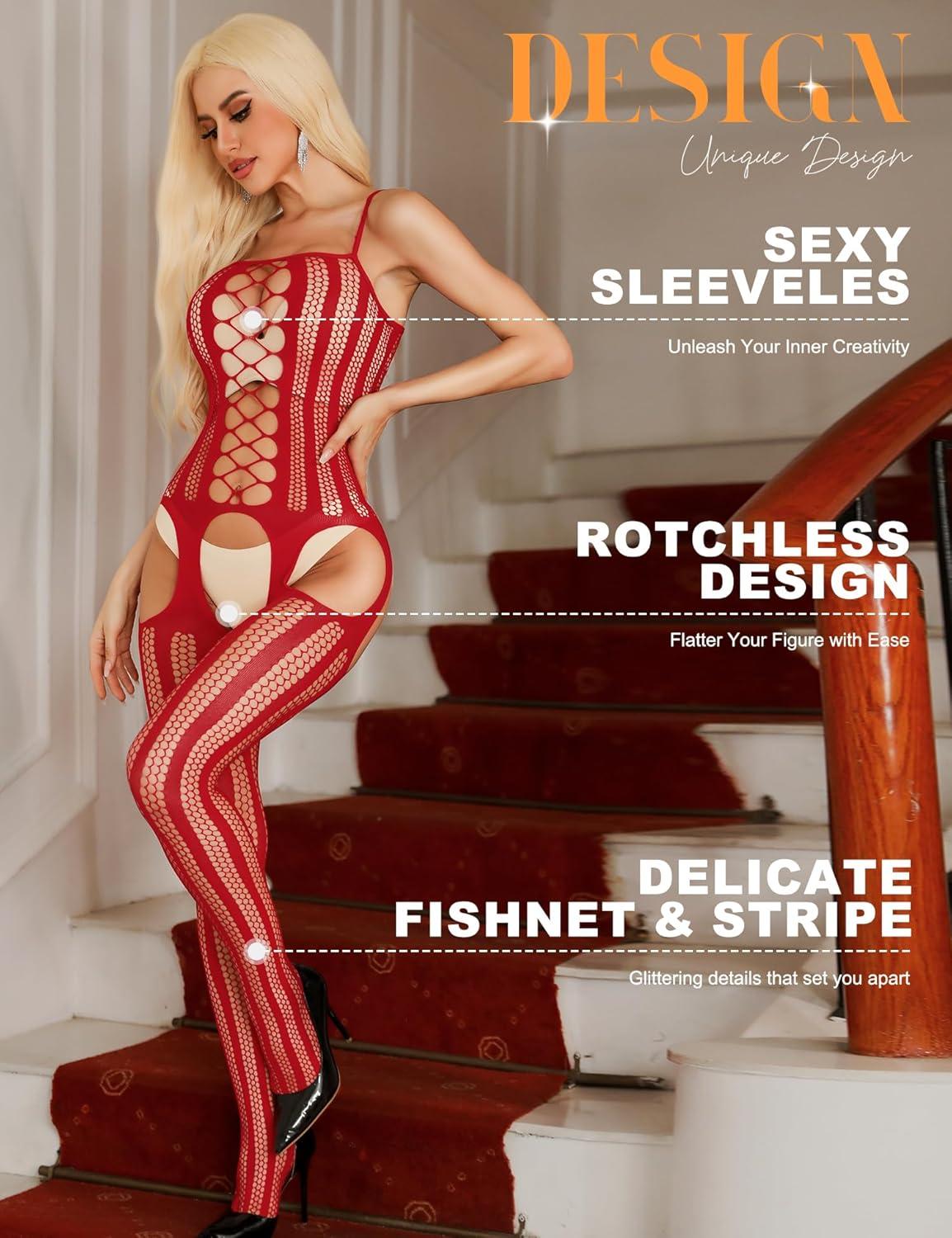 imageRSLOVE Womens Fishnet Bodystocking Sexy Exotic Lingerie Crotchless One Piece Bodysuit Plus Size TightsRed