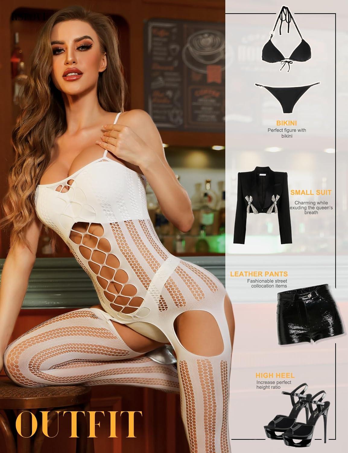 imageRSLOVE Womens Fishnet Bodystocking Sexy Exotic Lingerie Crotchless One Piece Bodysuit Plus Size TightsWhite