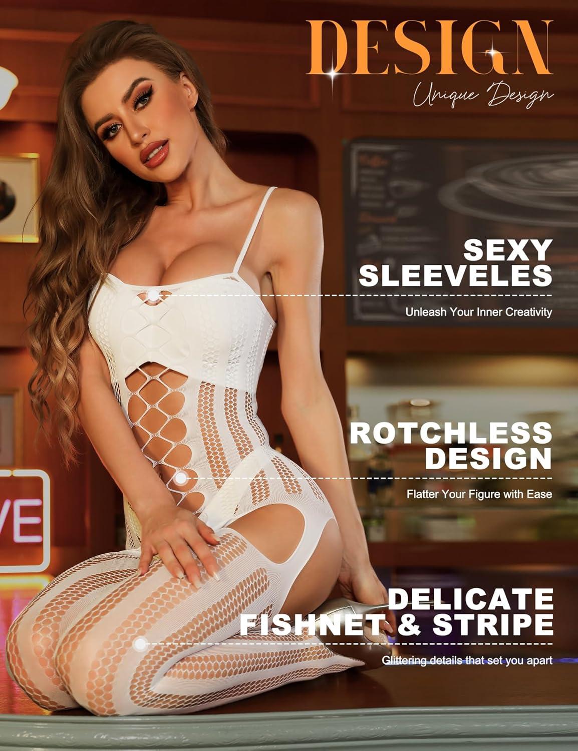 imageRSLOVE Womens Fishnet Bodystocking Sexy Exotic Lingerie Crotchless One Piece Bodysuit Plus Size TightsWhite