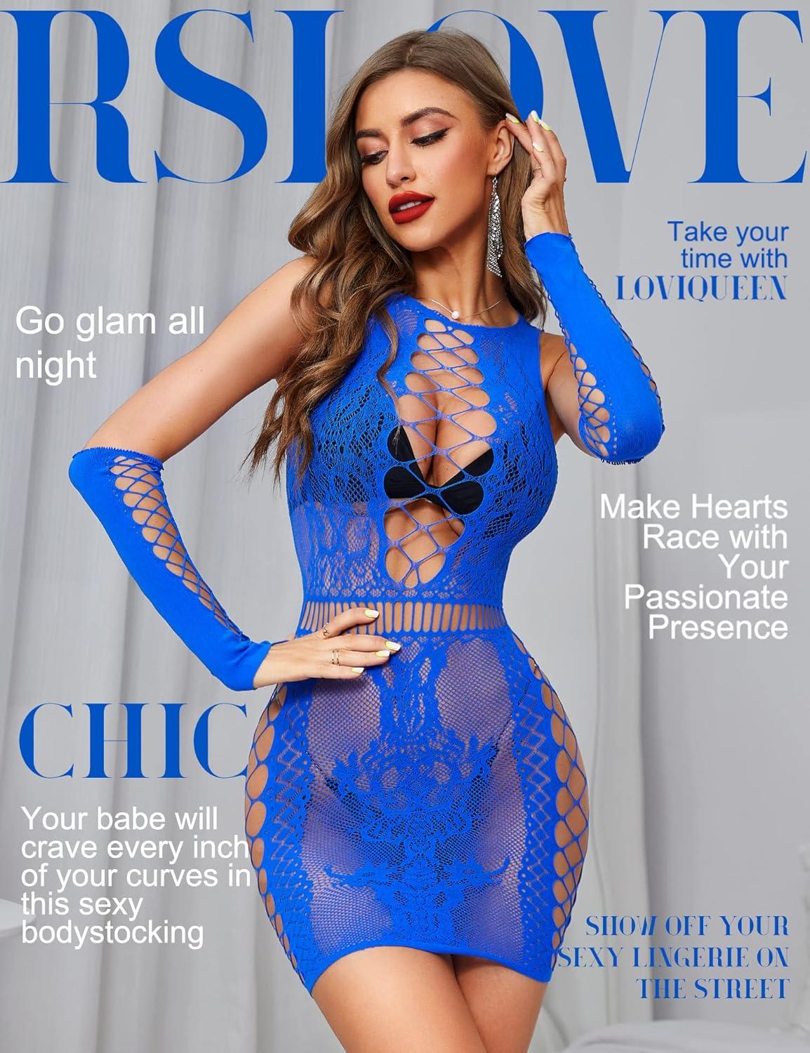 imageRSLOVE Womens Lingerie Fishnet Dress Mesh Babydoll Bodysuit Exotic Bodystockings Lingerie Set with GlovesBlue