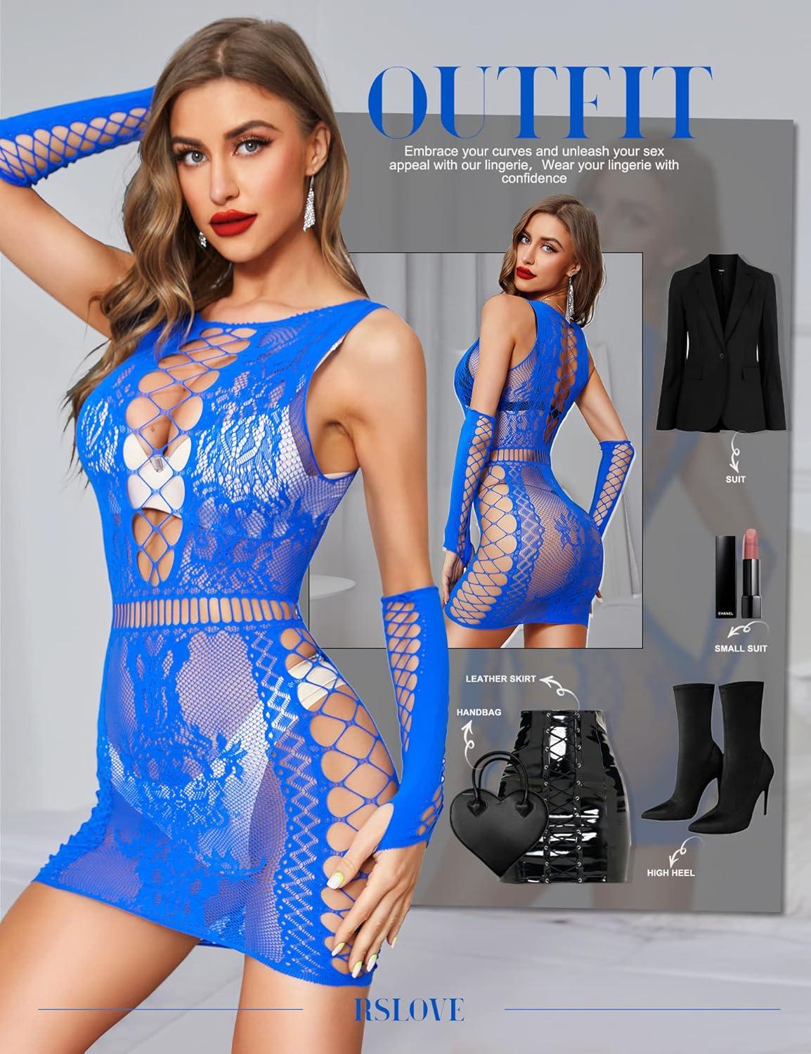 imageRSLOVE Womens Lingerie Fishnet Dress Mesh Babydoll Bodysuit Exotic Bodystockings Lingerie Set with GlovesBlue