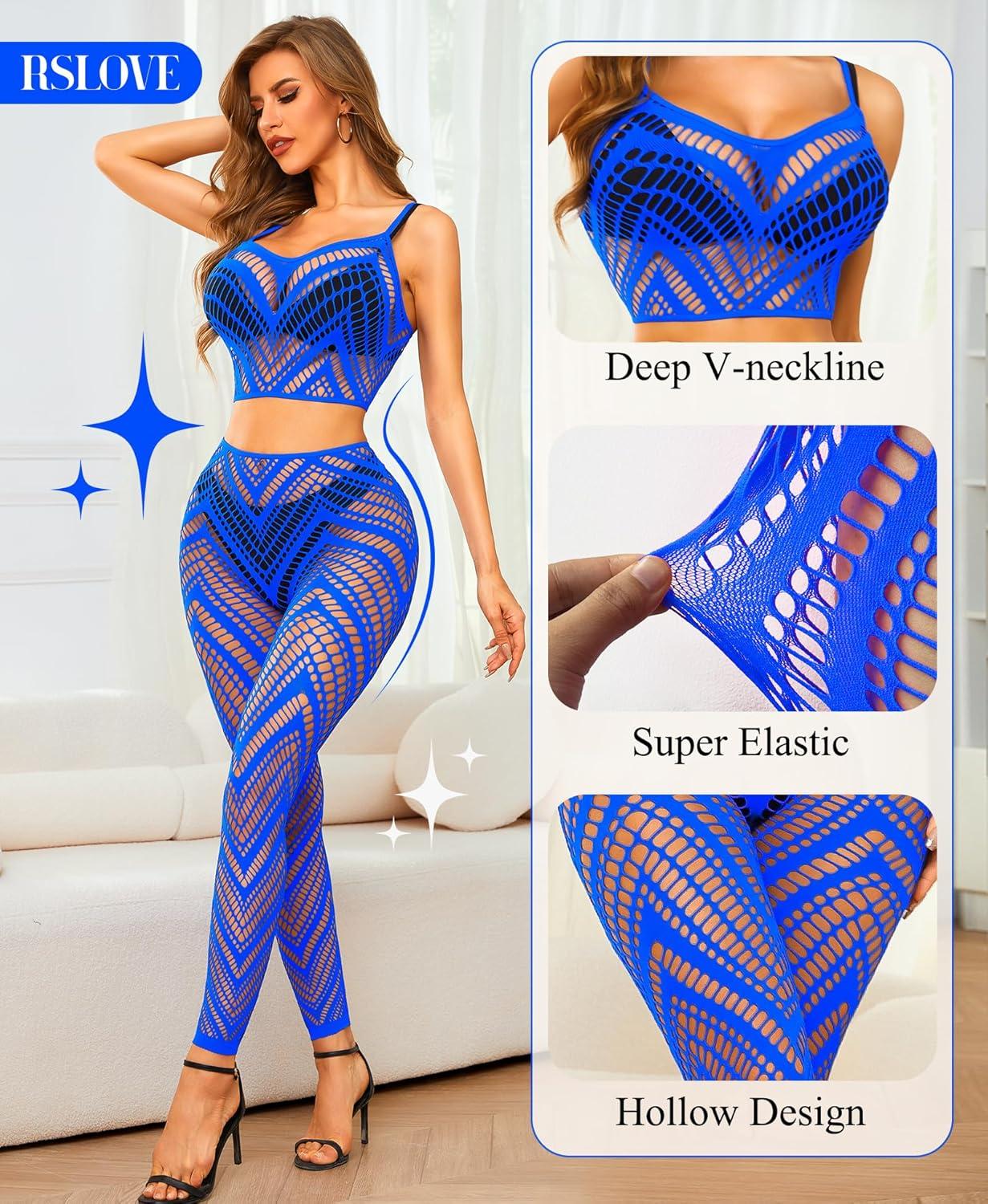 imageRSLOVE Womens Sexy Lingerie Sets Bodystocking  Fishnet Bodysuit Sexy Camisole top ampamp Stocking 2 Piece Cutout Fishnet LeggingBlue