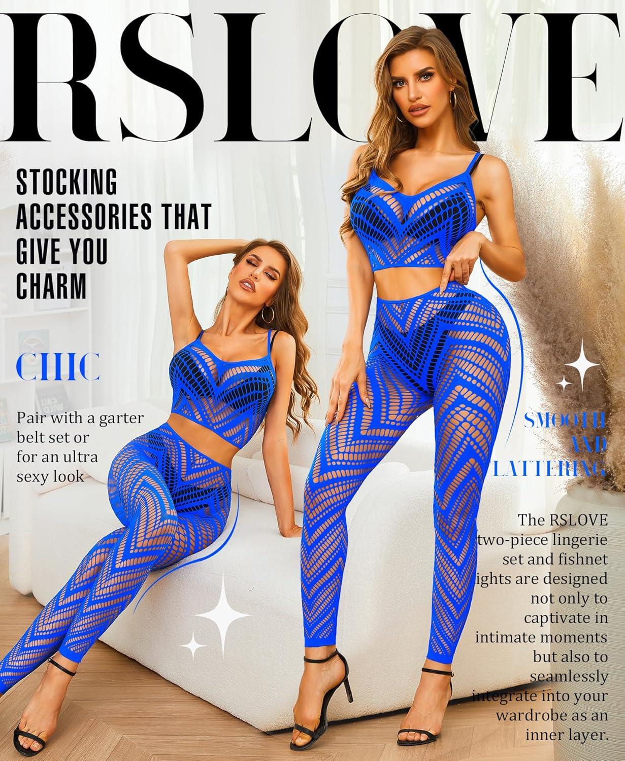 imageRSLOVE Womens Sexy Lingerie Sets Bodystocking  Fishnet Bodysuit Sexy Camisole top ampamp Stocking 2 Piece Cutout Fishnet LeggingBlue