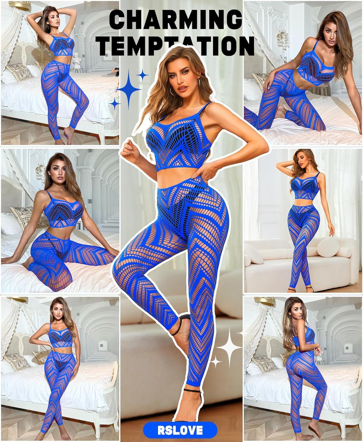 imageRSLOVE Womens Sexy Lingerie Sets Bodystocking  Fishnet Bodysuit Sexy Camisole top ampamp Stocking 2 Piece Cutout Fishnet LeggingBlue