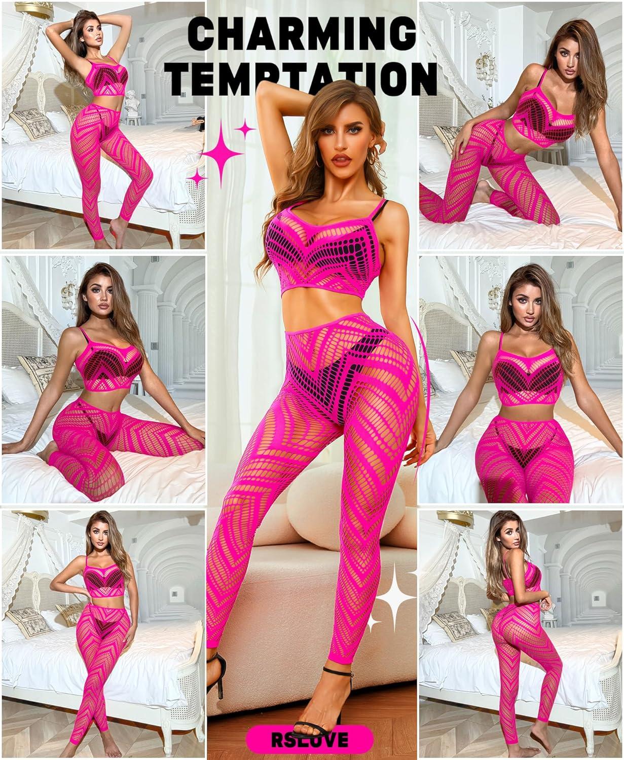 imageRSLOVE Womens Sexy Lingerie Sets Bodystocking  Fishnet Bodysuit Sexy Camisole top ampamp Stocking 2 Piece Cutout Fishnet LeggingFluorescent Pink