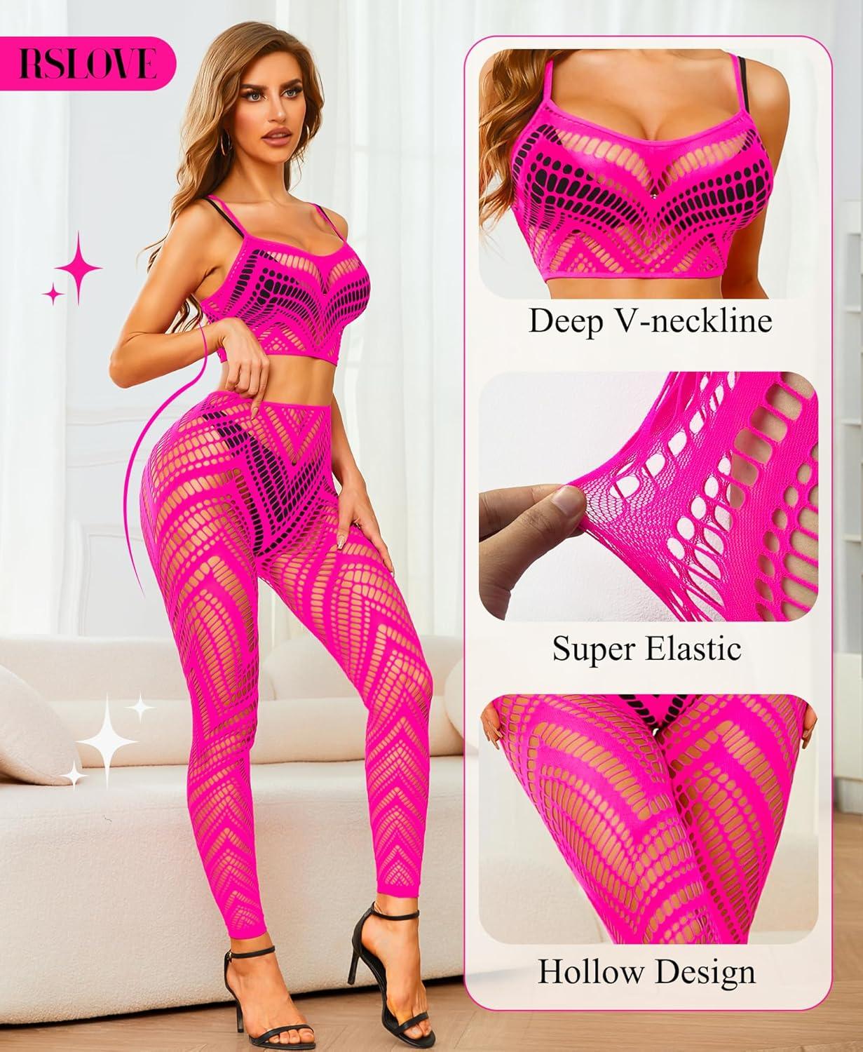 imageRSLOVE Womens Sexy Lingerie Sets Bodystocking  Fishnet Bodysuit Sexy Camisole top ampamp Stocking 2 Piece Cutout Fishnet LeggingFluorescent Pink