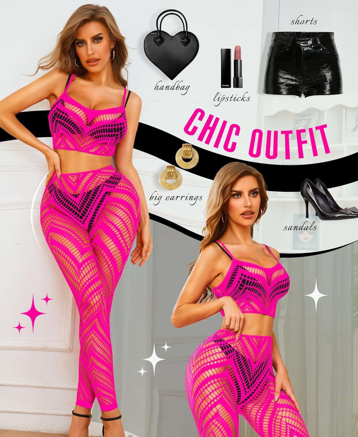 imageRSLOVE Womens Sexy Lingerie Sets Bodystocking  Fishnet Bodysuit Sexy Camisole top ampamp Stocking 2 Piece Cutout Fishnet LeggingFluorescent Pink