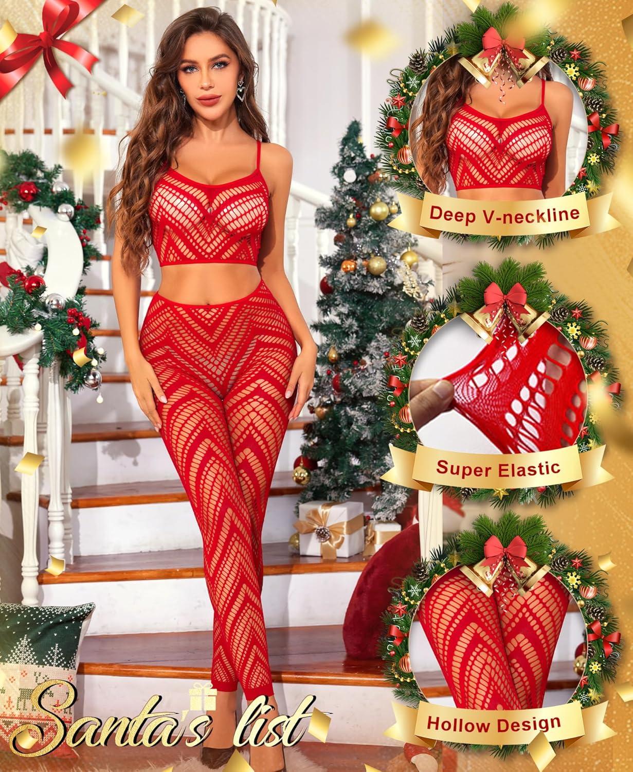 imageRSLOVE Womens Sexy Lingerie Sets Bodystocking  Fishnet Bodysuit Sexy Camisole top ampamp Stocking 2 Piece Cutout Fishnet LeggingRed