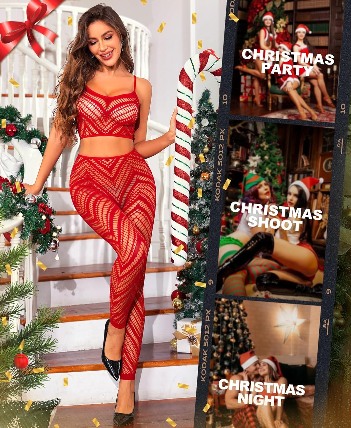 imageRSLOVE Womens Sexy Lingerie Sets Bodystocking  Fishnet Bodysuit Sexy Camisole top ampamp Stocking 2 Piece Cutout Fishnet LeggingRed
