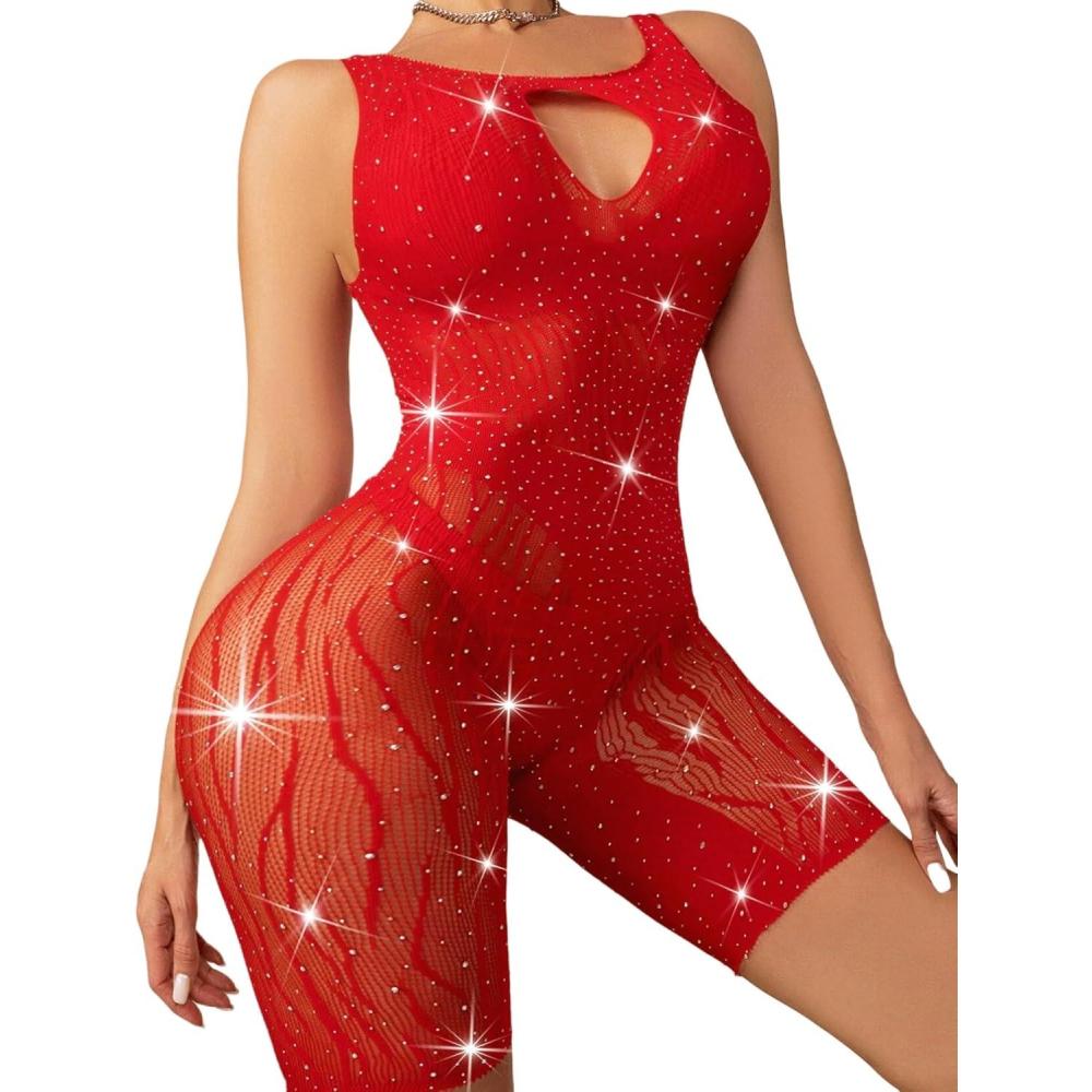 imageRSLOVE Women Lingerie Sexy Fishnet Bodysuit Sparkle Rhinestone Teddy One Piece Cut Out Romper without LinerRed