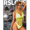 imageRSLOVE Lingerie for Women Sexy Lace Bodysuit Fishnet Teddy One Piece Deep V Mesh BabydollFluorescent Yellow