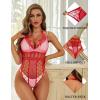 imageRSLOVE Lingerie for Women Sexy Lace Bodysuit Fishnet Teddy One Piece Deep V Mesh BabydollRed