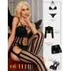 imageRSLOVE Womens Fishnet Bodystocking Sexy Exotic Lingerie Crotchless One Piece Bodysuit Plus Size TightsBlack