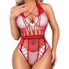 imageRSLOVE Lingerie for Women Sexy Lace Bodysuit Fishnet Teddy One Piece Deep V Mesh BabydollRed