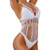 imageRSLOVE Lingerie for Women Sexy Lace Bodysuit Fishnet Teddy One Piece Deep V Mesh BabydollWhite