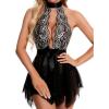 imageRSLOVE Women Lingerie Lace Babydoll Sexy Chemise Halter Teddy Mesh Sleepwear Boudoir OutfitsBlack