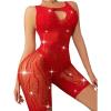 imageRSLOVE Women Lingerie Sexy Fishnet Bodysuit Sparkle Rhinestone Teddy One Piece Cut Out Romper without LinerRed