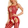 imageRSLOVE Womens Fishnet Bodystocking Sexy Exotic Lingerie Crotchless One Piece Bodysuit Plus Size TightsRed