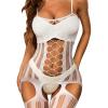 imageRSLOVE Womens Fishnet Bodystocking Sexy Exotic Lingerie Crotchless One Piece Bodysuit Plus Size TightsWhite