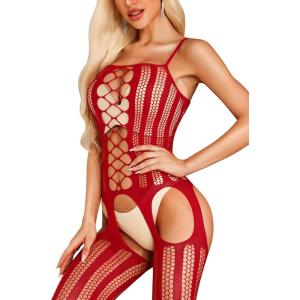 imageRSLOVE Womens Fishnet Bodystocking Sexy Exotic Lingerie Crotchless One Piece Bodysuit Plus Size TightsRed