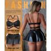 imageRSLOVE Faux Leather Lingerie for Women  Sexy Strappy Lingerie Set with Push Up Bra Choker Mini Skirt and ThongBlack
