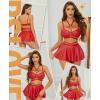 imageRSLOVE Faux Leather Lingerie for Women  Sexy Strappy Lingerie Set with Push Up Bra Choker Mini Skirt and ThongRed