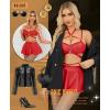 imageRSLOVE Faux Leather Lingerie for Women  Sexy Strappy Lingerie Set with Push Up Bra Choker Mini Skirt and ThongRed