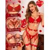 imageRSLOVE Lingerie Set for Women 4 Pieces Sexy Strappy Push Up Bra and Panty Sets with Chain Naughty Underwire Garter SetRed