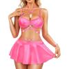 imageRSLOVE Faux Leather Lingerie for Women  Sexy Strappy Lingerie Set with Push Up Bra Choker Mini Skirt and ThongPink