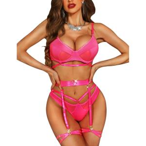 imageRSLOVE Women Lingerie Set with Garter Belt  4 Piece Strappy Lingerie Underwire Push Up Bra and Panty Exotic Brassieres SetPink