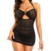 imageWomens Lingerie Mesh Babydoll Dress  Pleated Chemise Nightgown with Adjustable Halter Neck ampamp Chain DetailBlack
