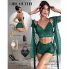 imageRSLOVE Women Sexy Lingerie Set  3 Piece Lace Bra and Panty Sets with Mesh Kimono Robe Nightgown SleepwearGreen