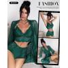 imageRSLOVE Women Sexy Lingerie Set  3 Piece Lace Bra and Panty Sets with Mesh Kimono Robe Nightgown SleepwearGreen