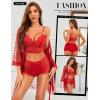 imageRSLOVE Women Sexy Lingerie Set  3 Piece Lace Bra and Panty Sets with Mesh Kimono Robe Nightgown SleepwearRed