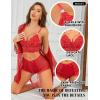 imageRSLOVE Women Sexy Lingerie Set  3 Piece Lace Bra and Panty Sets with Mesh Kimono Robe Nightgown SleepwearRed