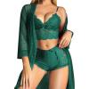 imageRSLOVE Women Sexy Lingerie Set  3 Piece Lace Bra and Panty Sets with Mesh Kimono Robe Nightgown SleepwearGreen
