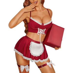 imageRSLOVE Sexy Womens Lingerie Set  5 Piece Lace Babydoll Dress Exotic Lingerie Set Roleplay CostumeWine Red