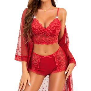 imageRSLOVE Women Sexy Lingerie Set  3 Piece Lace Bra and Panty Sets with Mesh Kimono Robe Nightgown SleepwearRed