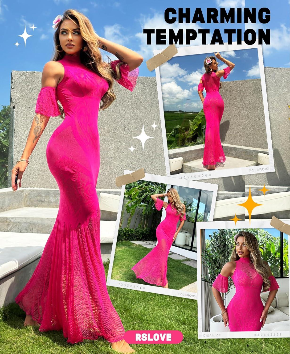 imageRSLOVE Women Lingerie Sexy Dress  Lace Mesh Sleepwear Maxi Nightgown Exotic Sheer Long Bridal Chemise with Detachable Sleeve