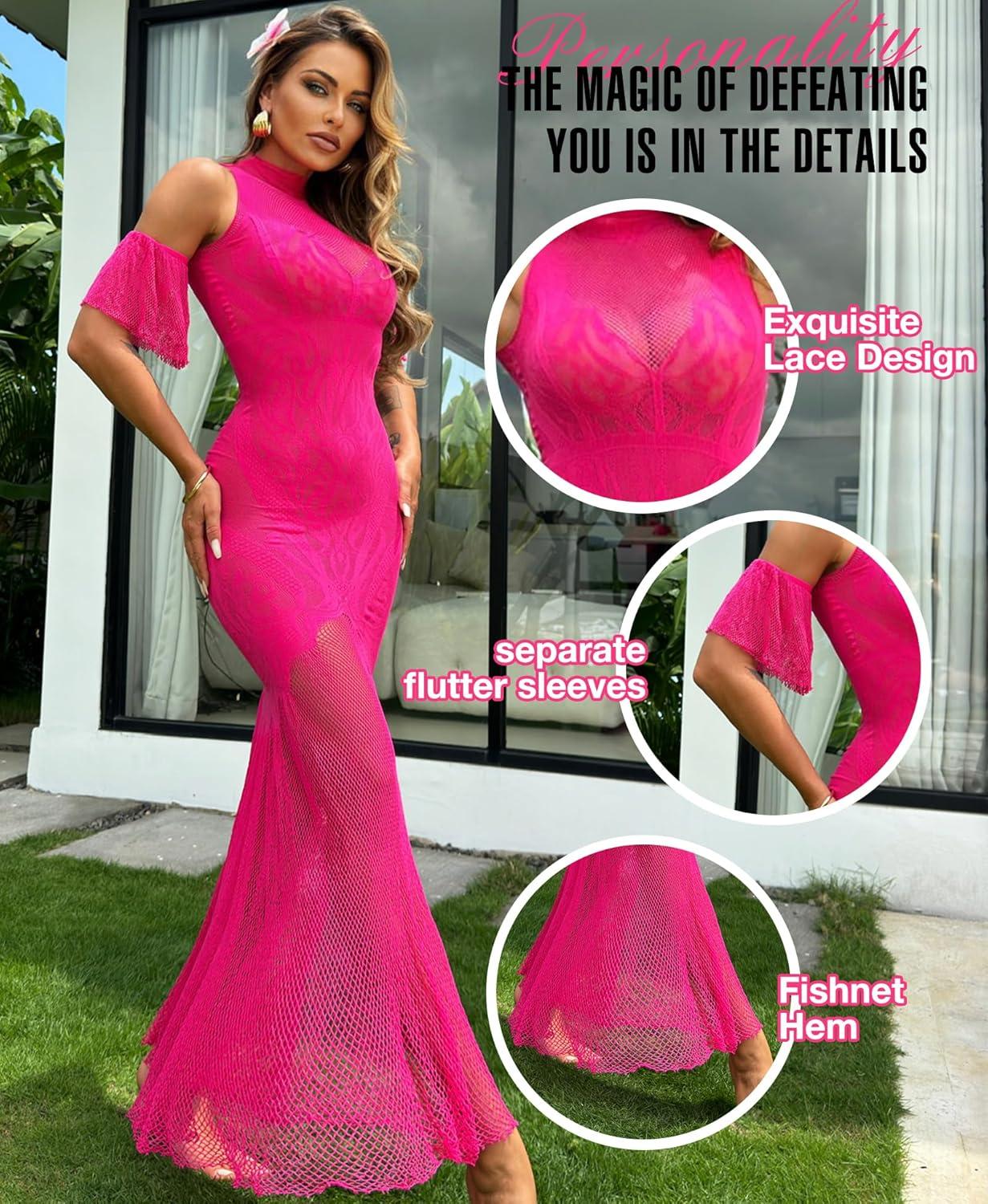 imageRSLOVE Women Lingerie Sexy Dress  Lace Mesh Sleepwear Maxi Nightgown Exotic Sheer Long Bridal Chemise with Detachable Sleeve