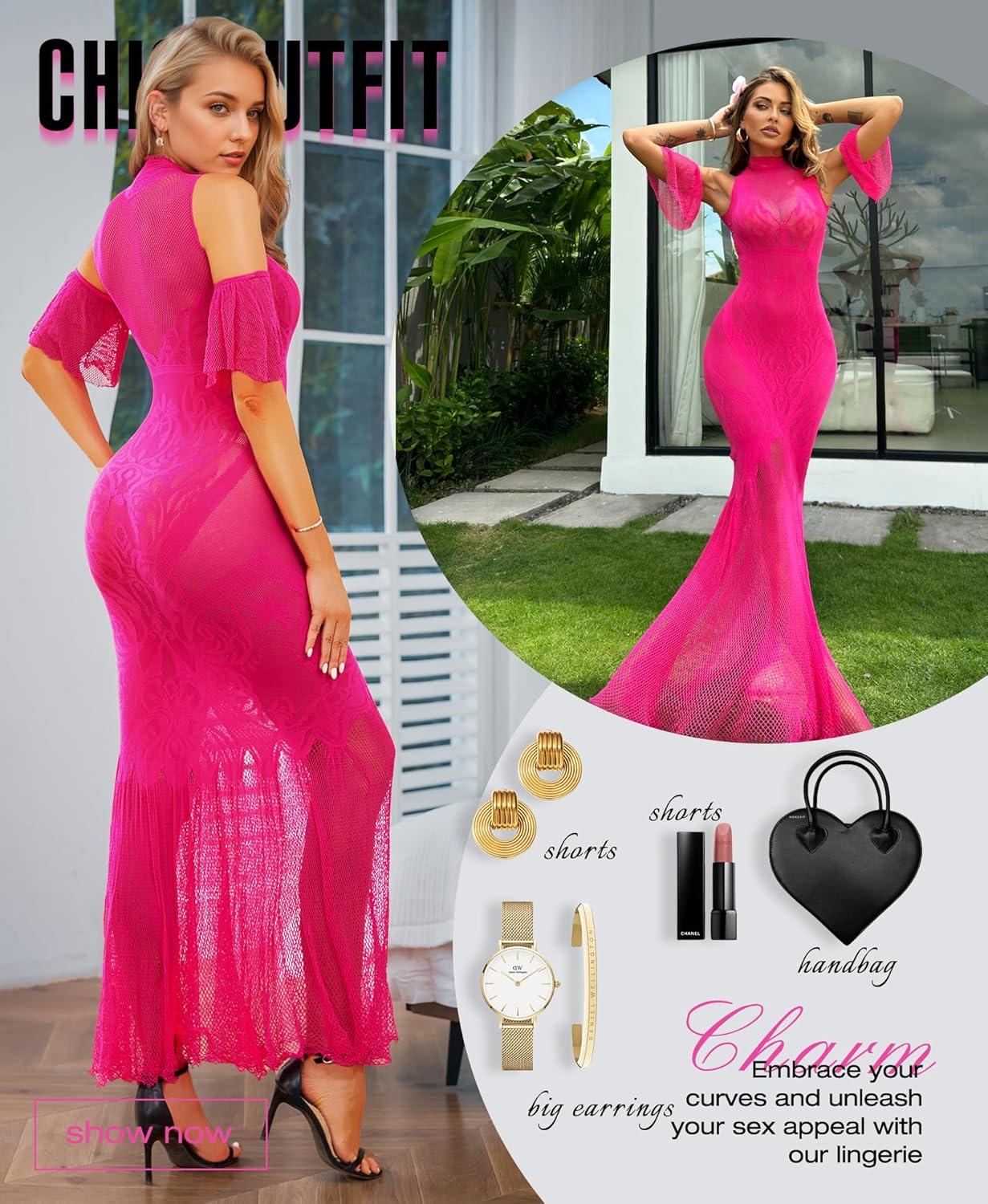 imageRSLOVE Women Lingerie Sexy Dress  Lace Mesh Sleepwear Maxi Nightgown Exotic Sheer Long Bridal Chemise with Detachable Sleeve