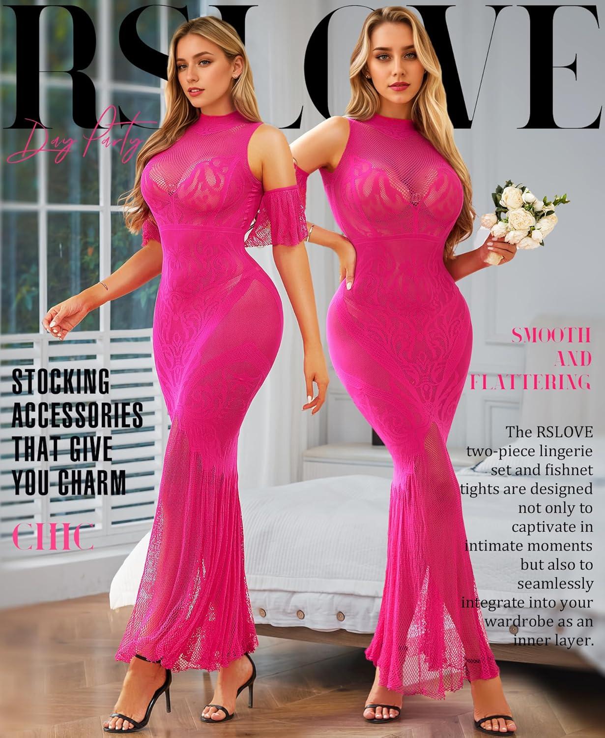 imageRSLOVE Women Lingerie Sexy Dress  Lace Mesh Sleepwear Maxi Nightgown Exotic Sheer Long Bridal Chemise with Detachable Sleeve