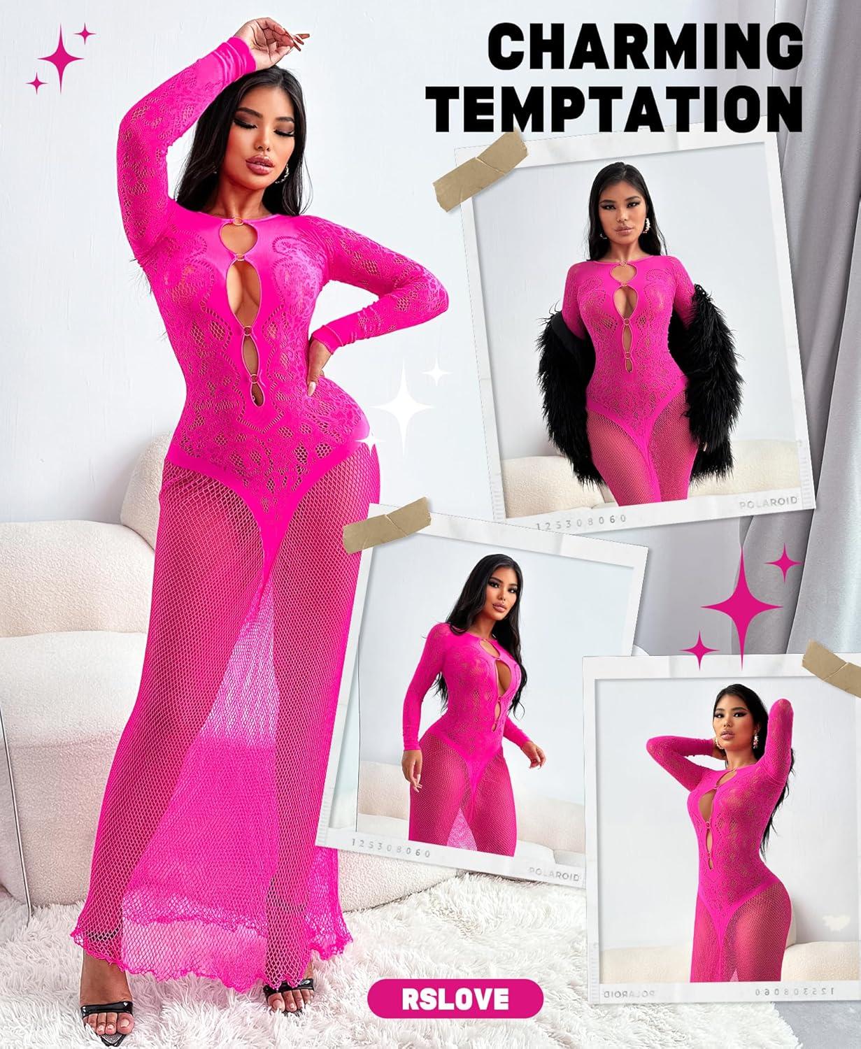 imageRSLOVE Womens Nightgown Sexy Chemise  Lingerie for Women Nightgown Mesh Babydoll Dress Maxi Dress Fishnet Bodystockings